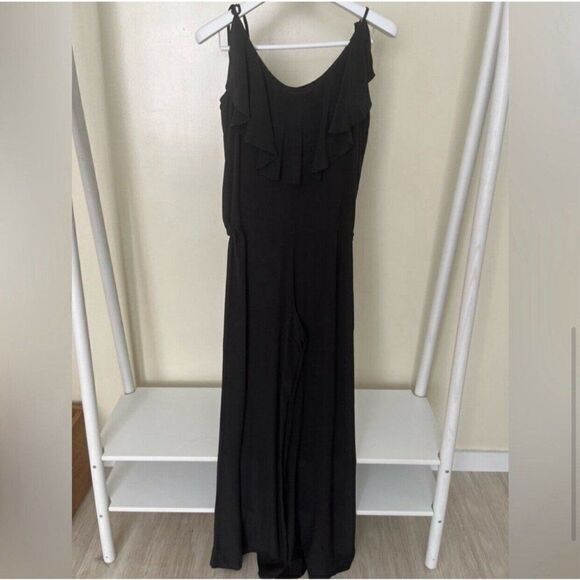 AKA New York Designer 100% Silk Solid Black Tank Wide Leg Jumpsuit Romper Xs - Picture 5 of 8